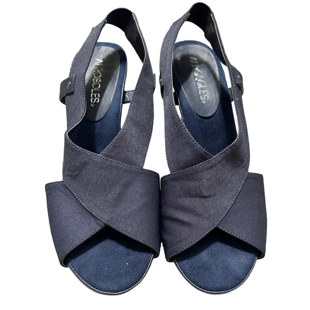 AEROSOLES Womens 7.5 Fabric Slingback Pumps REWROTE Peep Toe Comfort NAVY BLUE